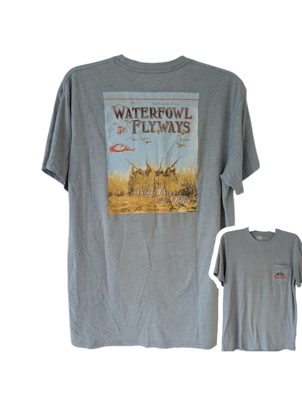 Drake Waterfowl Systems Pocket T-Shirt Mens L Grey Flyways Duck Hunting Fishing